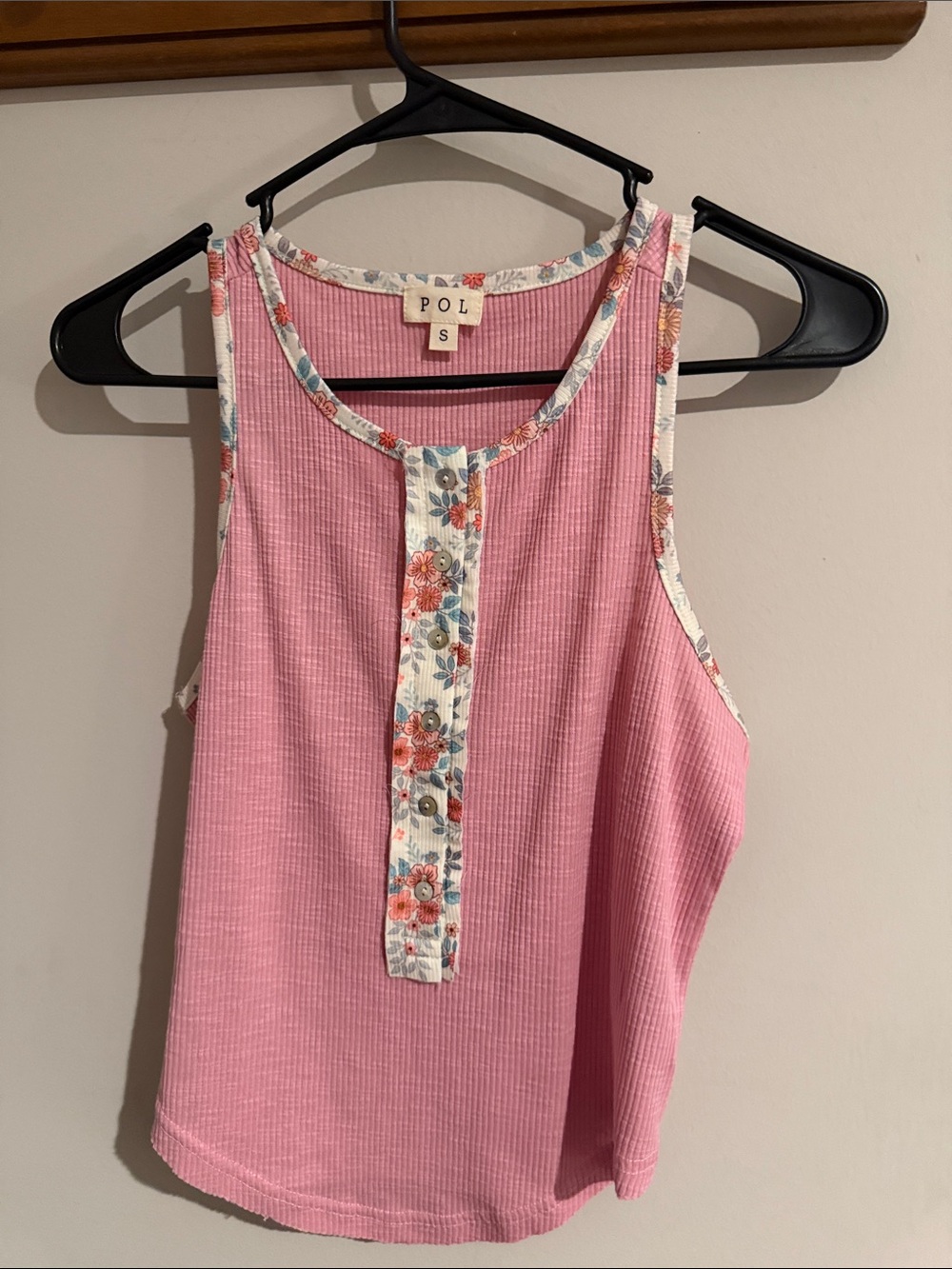 POL Pink Ribbed Tank with Floral Trim